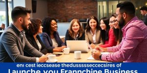 Businesspeople discussing franchise strategies at a table.