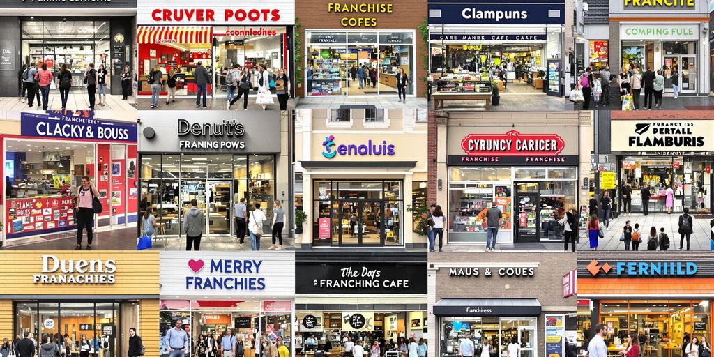 Diverse franchise locations with modern storefronts and cafes.