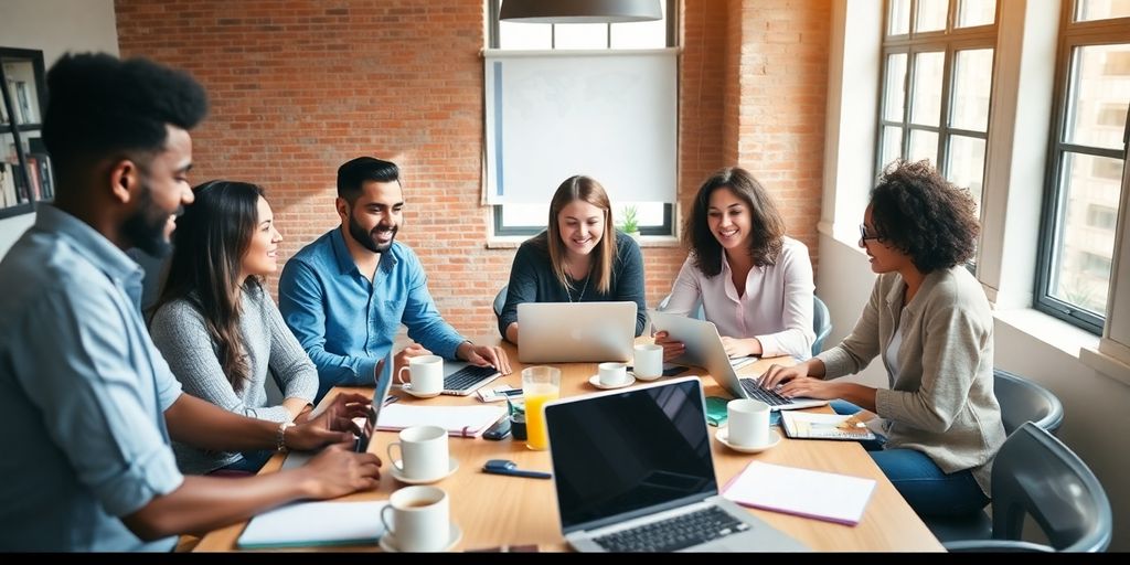 Diverse entrepreneurs collaborating in a modern workspace.