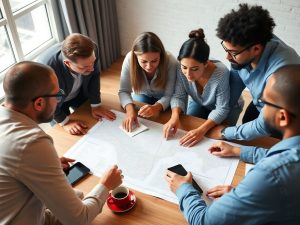 Echipa diversă planificând strategii pentru franciză.