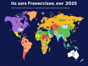 Harta globala cu logo-uri de francize internationale.
