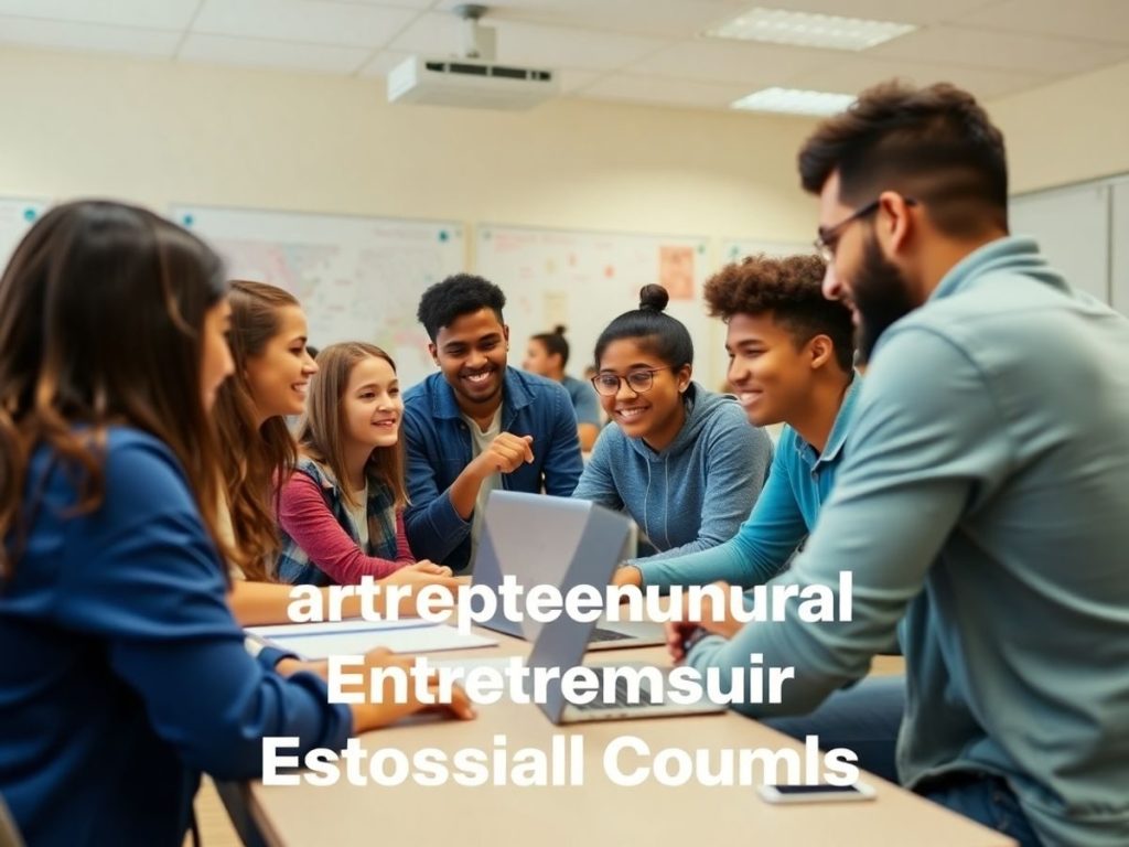 Tineri discutând idei într-o clasă de antreprenoriat.