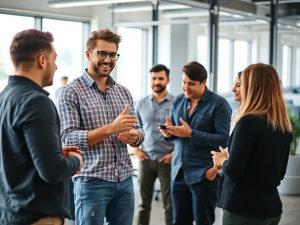 Antreprenor discutând cu echipa într-un birou modern.