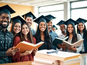 Oameni zâmbitori, studenți, cărți, diplome, săli de clasă luminoase.