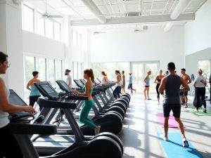 Oameni activi în sală, echipament modern, spațiu luminos.