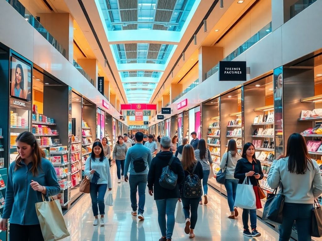 Oameni cumpărând din magazine moderne, luminoase, diverse produse.