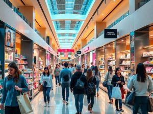 Oameni cumpărând din magazine moderne, luminoase, diverse produse.