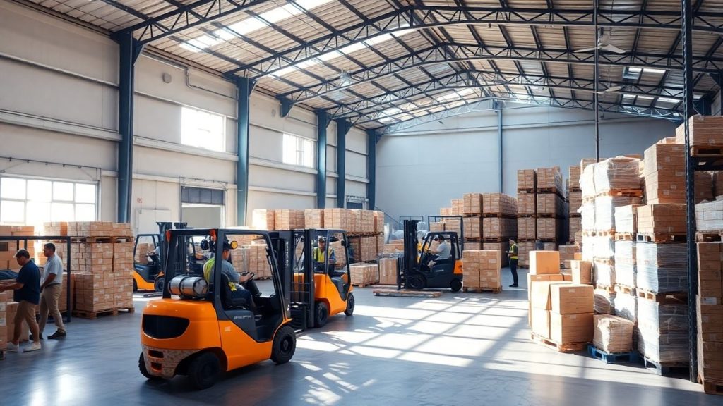 Depozit logistic cu stivuitoare și angajați.