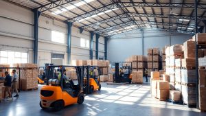 Depozit logistic cu stivuitoare și angajați.