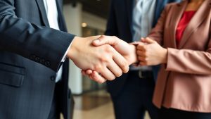 Mâini strângându-se într-un contract de franciză.